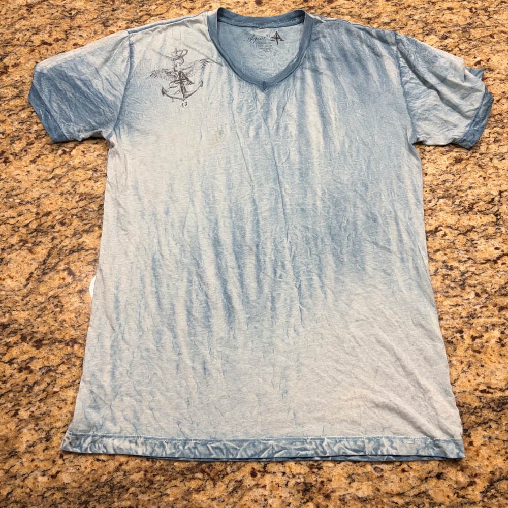 Aqua VI Mens Blue Cloud Wash Graphic V-Neck T-Shirt XL Anchor Wings Crown ws